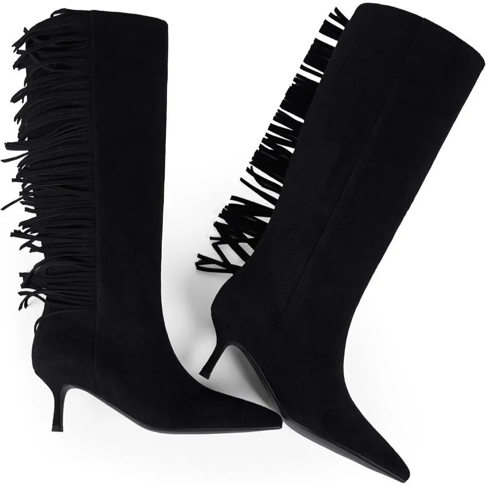 Women Suede Black Knee High Boots Kitten Heels Tall Pointed Toe Long Boots